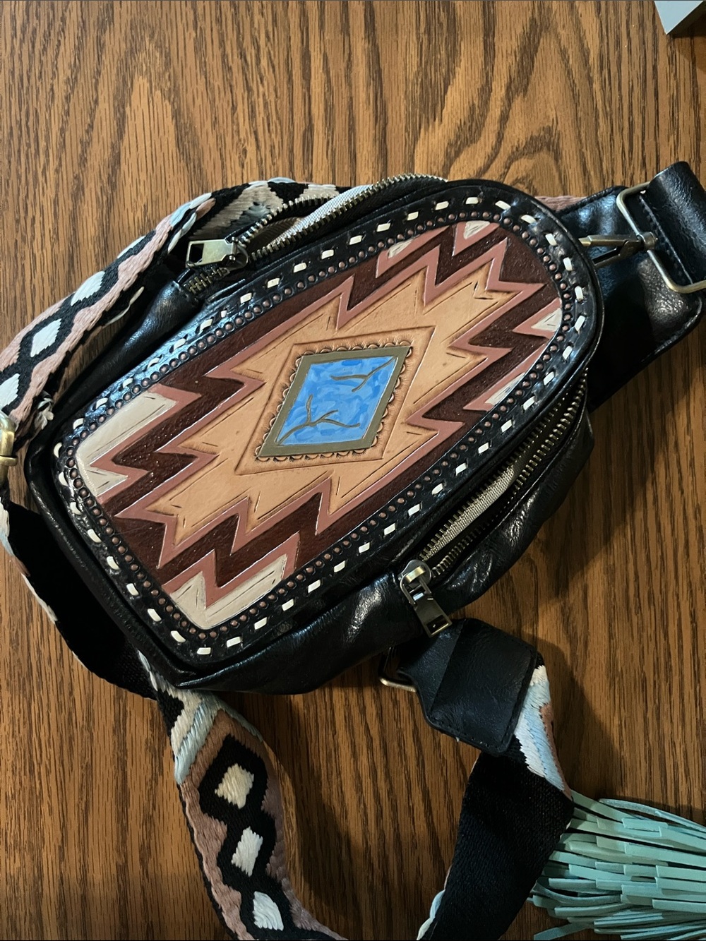 Leather Crossbody Belt Bag with Aztec Embossed Panel - Custom Made